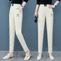 Elegant Letter Pattern Women Corduroy Straight Leg Pants Korean Ladies High Waist Harem Pant Female Fashion Classic Trousers