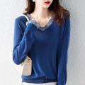 Oversized Patchwork Knitted T-Shirts Women's V-neck Chic Petal Sleeve Thin Blue Top Korean Elegant Spring Knitwear Tee Top