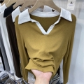 New Spring V-Neck Slim Cotton T-shirts Women's Korean Classic Solid Long Sleeve Polo Tops Sexy Patchwork Elastic Tees