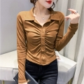 Vintage Slim Pleated Lapel Short Tops Women's Sexy Single Breasted Solid Long Sleeve Tshirts Korean Elastic Tee New