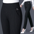Korean Women Elegant Plus Size 5XL Leggings Striped Pants Ladies High Waist Elastic Straight Leg Pant Female Black Trousers