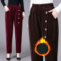 Winter Add Velvet Warm Women Mom Harem Trousers Ladies Oversized Button Fly Design Pocket Pants Female Snow Wear High Waist Pant