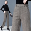 Women Woolen Plaid Loose Casual Wide Leg Pants Ladies Elegant Streetwear High Waist Trousers Female Korean Straight Leg Pant